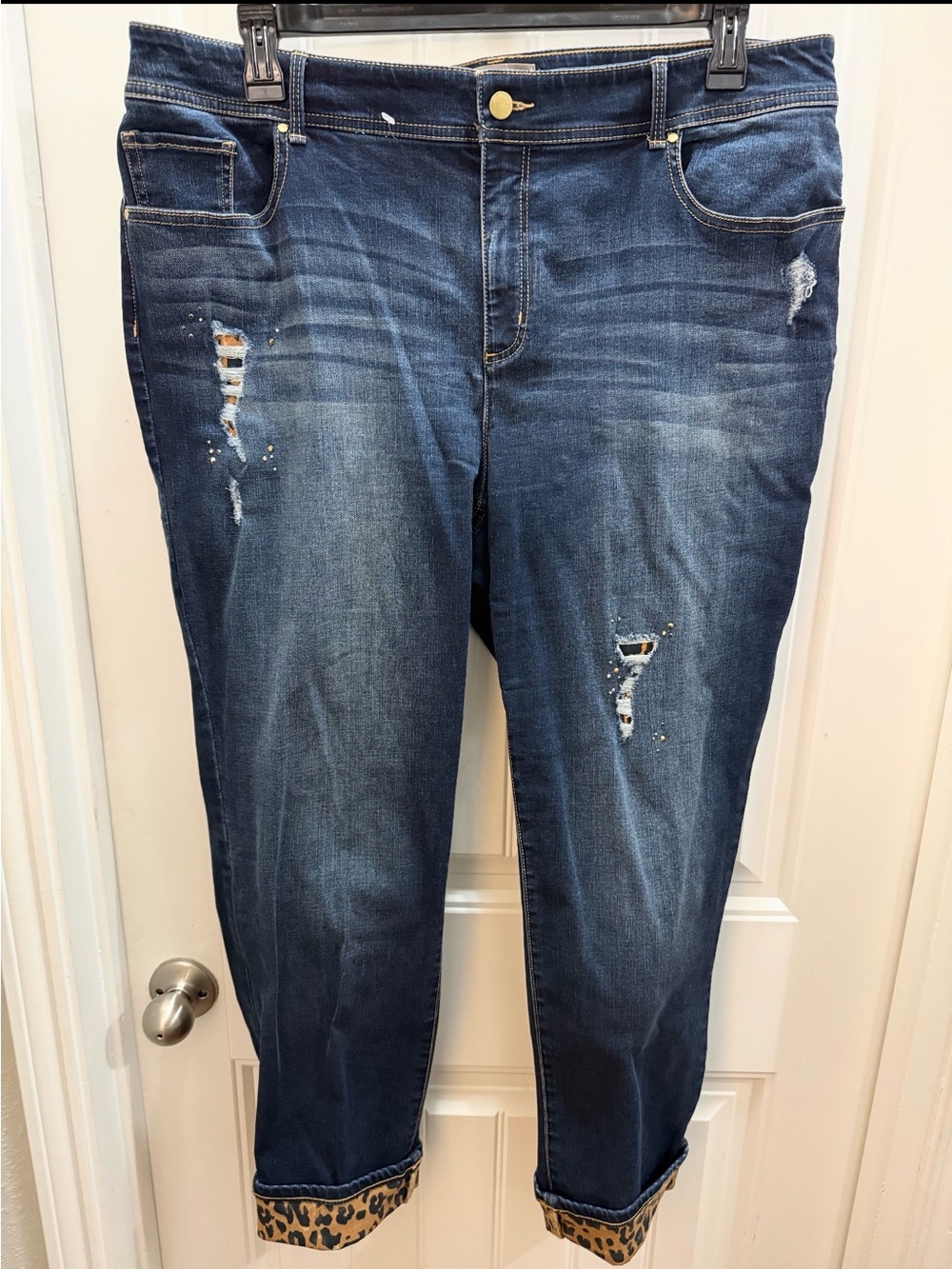 Chicos Dark Blue Distressed Women's  stretch ankle Jeans  Leopard Cuff size 3